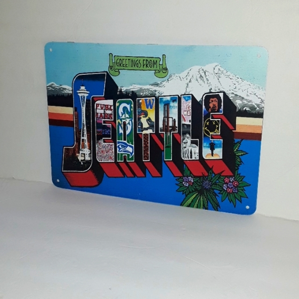 c VTG GREETINGS SEATTLE METAL SIGN LITHO PRINT HENDRIX SONICS SEAHAWKS N…